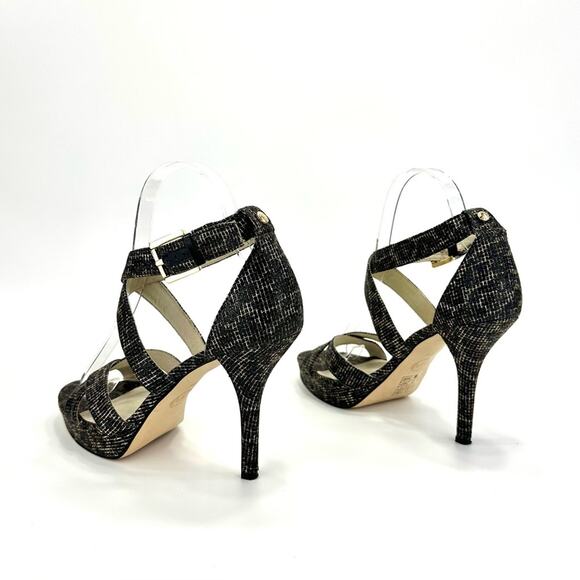 Michael Kors Evie Stiletto Heel Sandal Sz 8.5 Black/Gold Platform Spark Glitter - Picture 15 of 16